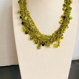 Boho Green Crocheted Bead Necklace Glass Dangle 14-16”